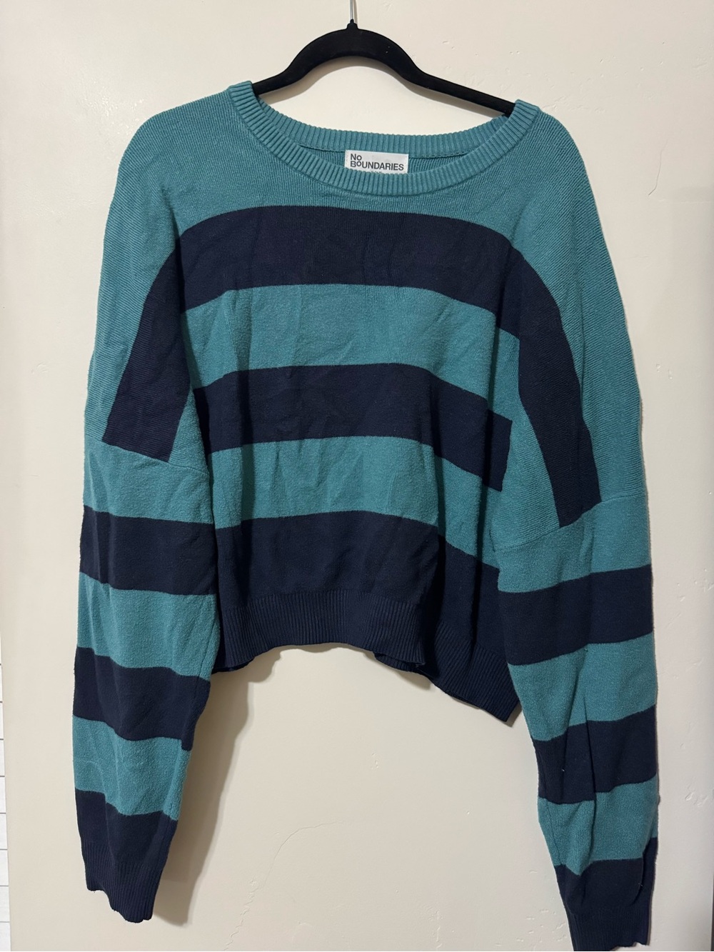 No Boundaries Teal & Navy Wide-Stripe Crewneck Sweater
